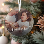 Nannie Grandma Script Overlay Glass Tree Decoration<br><div class="desc">Create a sweet gift for a special grandmother with this beautiful custom ornament. "Nannie" appears as an elegant white script overlay on your favorite photo of grandma and her grandchild or grandchildren.</div>