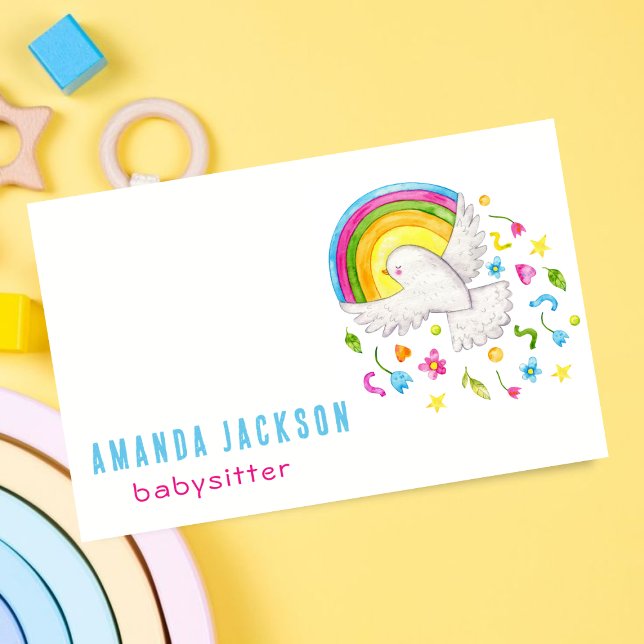 Nanny Babysitting Cute Rainbow Flowers Bird  Business Card (Creator Uploaded)