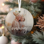 Nanny Grandma Script Overlay Glass Tree Decoration<br><div class="desc">Create a sweet gift for a special grandmother with this beautiful custom ornament. "Nanny" appears as an elegant white script overlay on your favourite photo of grandma and her grandchild or grandchildren.</div>