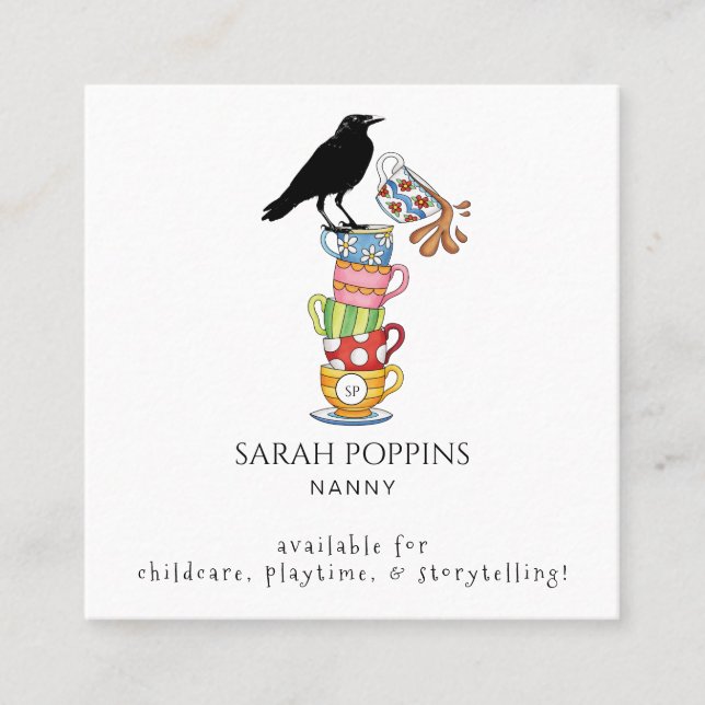 Nanny Whimsical Watercolor Crow & Tea Cups Square Business Card (Front)