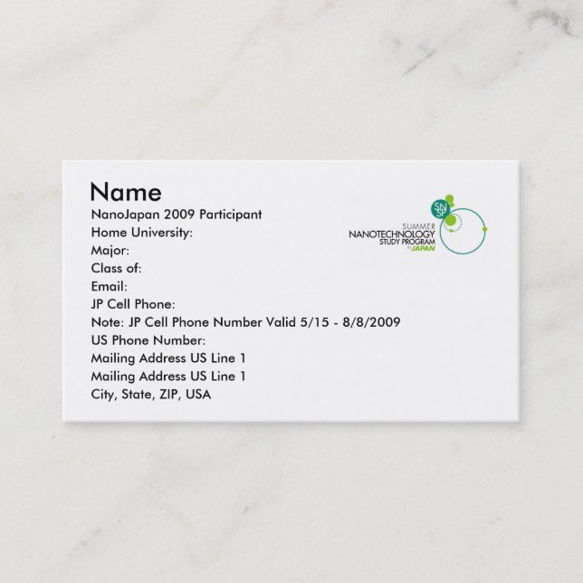 NanoJapan Business Cards (Front)
