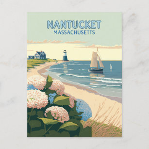 Nantucket Beach Hydrangeas Lighthouse Boat Retro  Postcard
