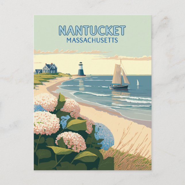 Nantucket Beach Hydrangeas Lighthouse Boat Retro  Postcard (Front)
