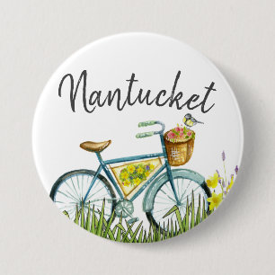 Nantucket bicycle with flower basket 7.5 cm round badge
