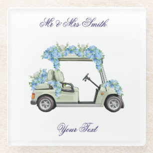  Nantucket Blue Floral Golf Cart Wedding Coaster. Glass Coaster