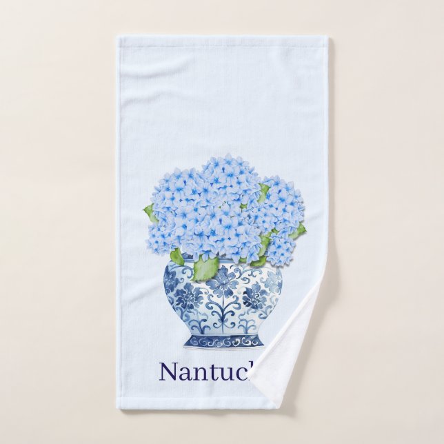 Nantucket Blue Hydrangeas Chinoiserie Vase  Hand Towel (Hand Towel)