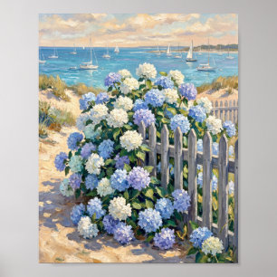 Nantucket Coastal Hydrangeas & Sailboats Oi Poster