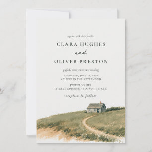 Nantucket Cottage Dune Grass Watercolor Wedding Invitation
