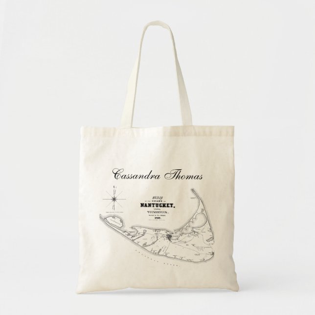 Nantucket Island MA Vintage Map Black Tote Bag (Front)