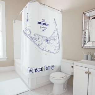 Nantucket Island MA Vintage Map Navy Blue Shower Curtain