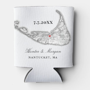 Nantucket Map Black and White Wedding Favour Drink Can Cooler
