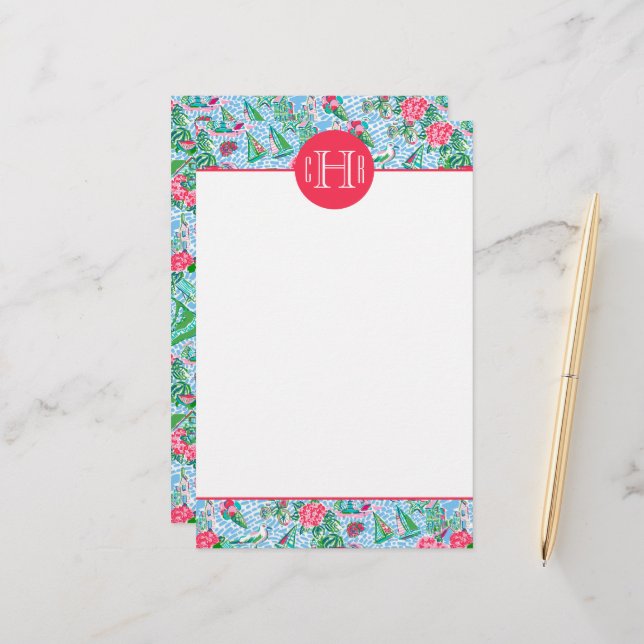 Nantucket Preppy Palm Beach Pattern Monogrammed Stationery (Front/Back In Situ)