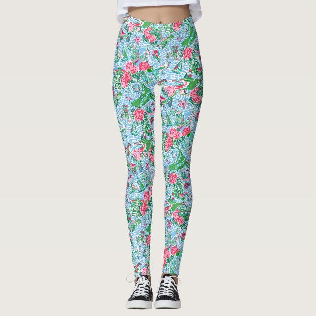 Nantucket Preppy Palm Beach Print Leggings (Front)