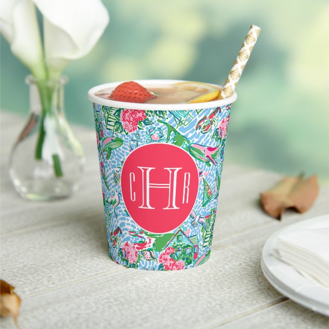 Nantucket Preppy Palm Beach Print Monogrammed Paper Cups (Insitu)
