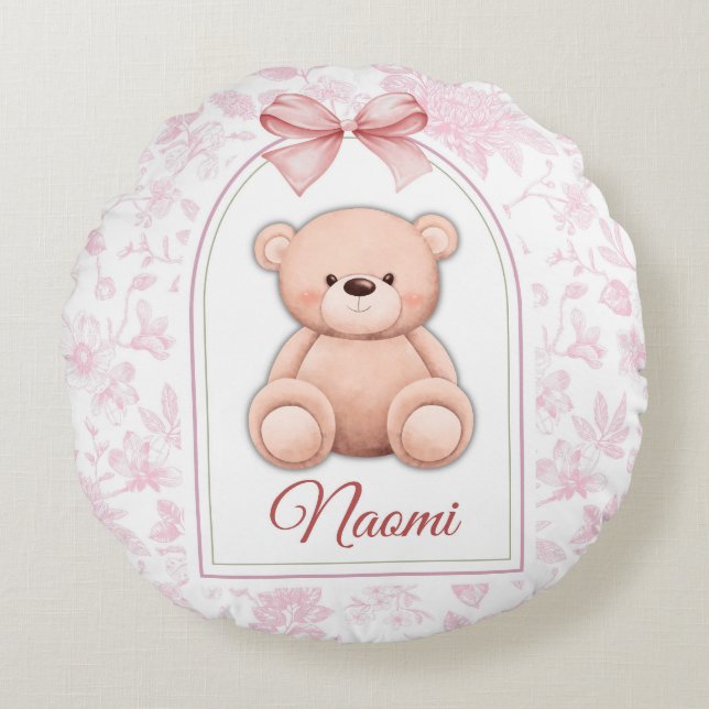 Naomi | Custom Pink Teddy Bear Nursery Design  Round Cushion (Front)