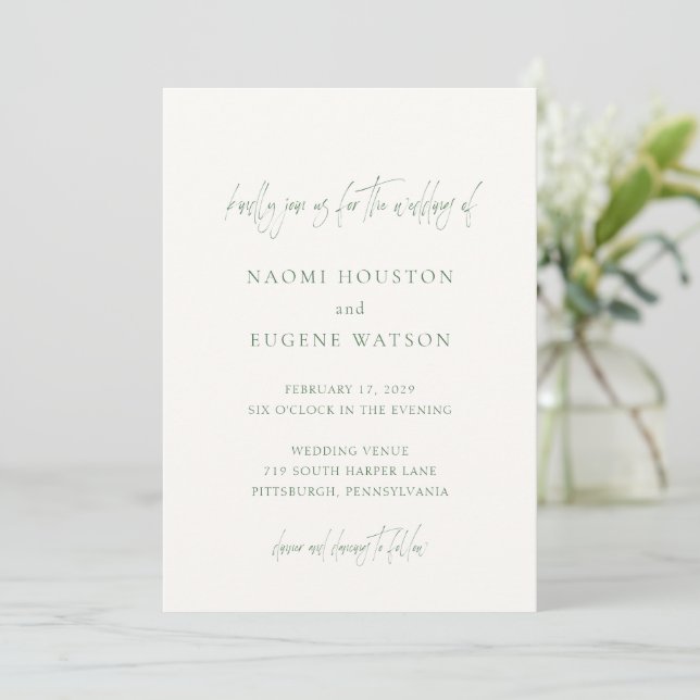 Naomi Moss Green Typography Modern Wedding Invitation (Standing Front)