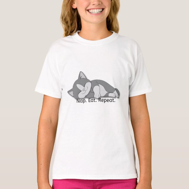 Nap Eat Repeat T-shirt – Cute Sleeping Cat Graphic (Front)