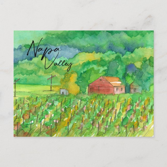 Napa Valley Vineyard Red Barn Field Rows Postcard (Front)