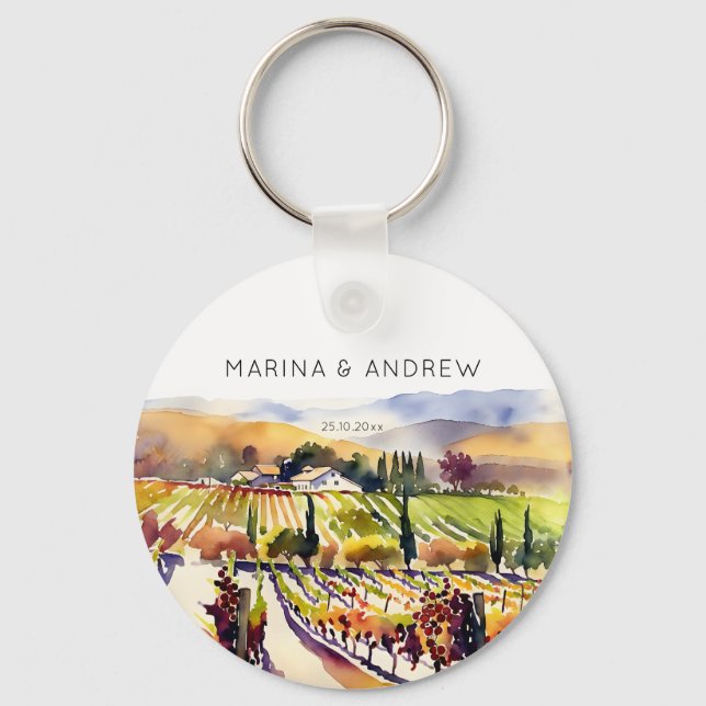 Napa Valley vineyard watercolor wedding favours Key Ring (Front)
