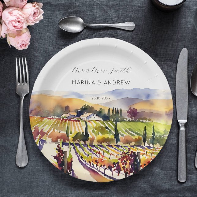 Napa Valley vineyard watercolor wedding tableware Paper Plate (Napa valley vineyard watercolor personalized wedding plates)
