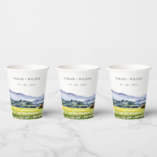 Napa Valley Watercolor Vineyard Landscape Wedding Paper Cups (Multi)