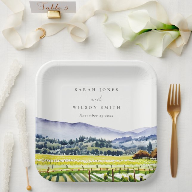 Napa Valley Watercolor Vineyard Landscape Wedding Paper Plate (Wedding)