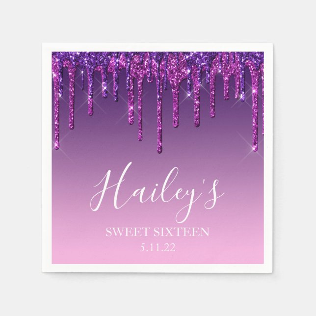 Napkin - Purple & Pink Glitter Drip Sweet Sixteen (Front)