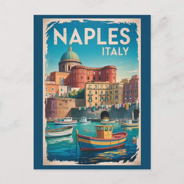 Naples Bay Italy Illustration Travel Art Vintage Postcard (Front)