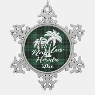 Naples Beach Florida Palm Green Plaid Snowflake Pewter Christmas Ornament