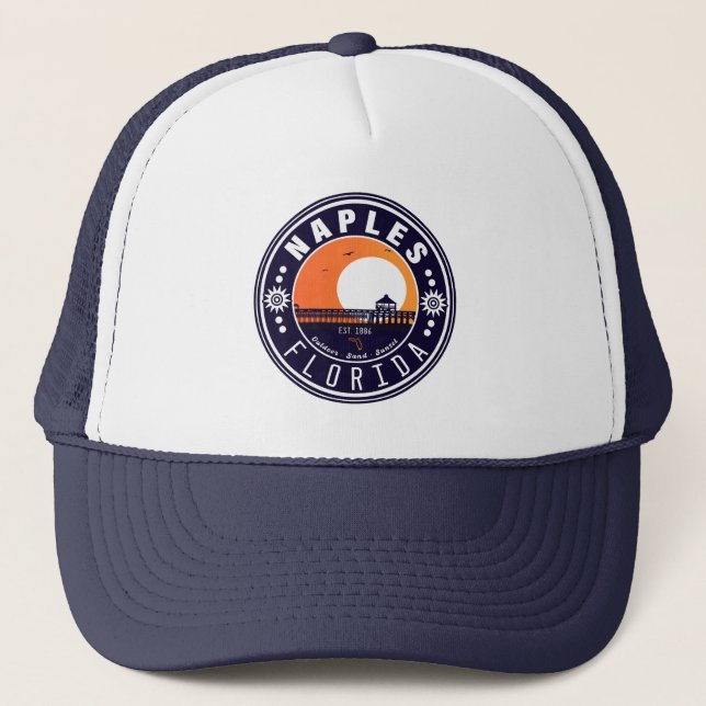 Naples Florida Beach Retro Sunset Pier 80s Trucker Hat (Front)
