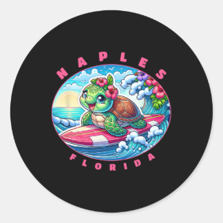 Naples Florida Cute Surfing Girl Sea Turtle Classic Round Sticker