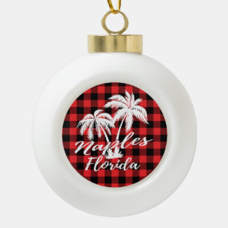 Naples Florida Palm Trees Beach Red Plaid Ceramic Ball Christmas Ornament