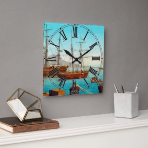Naples harbour Italy 1800s Square Wall Clock