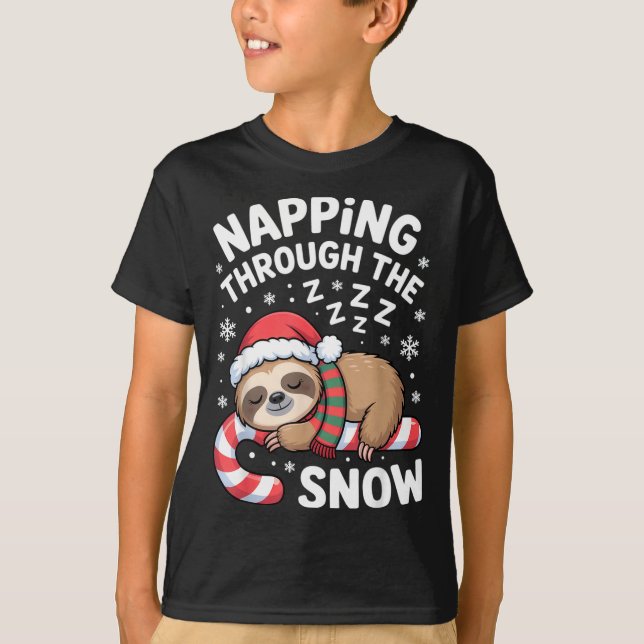 Napng Through The Snow Funny Sloth Candy Cane Xmas T-Shirt (Front)
