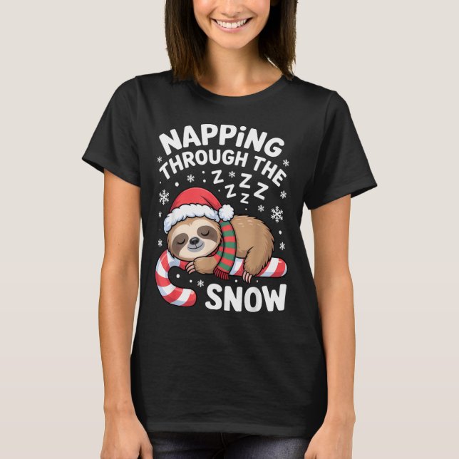 Napng Through The Snow Funny Sloth Candy Cane Xmas T-Shirt (Front)
