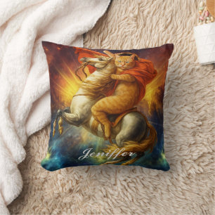 Napoleon Cat Riding Horse Through Galaxy Cushion