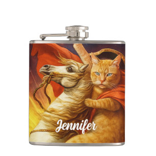 Napoleon Cat Riding Horse Through Galaxy           Hip Flask