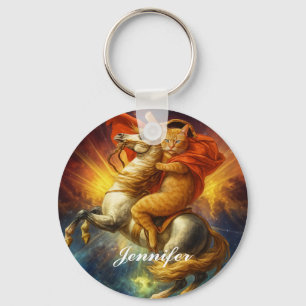 Napoleon Cat Riding Horse Through Galaxy Key Ring