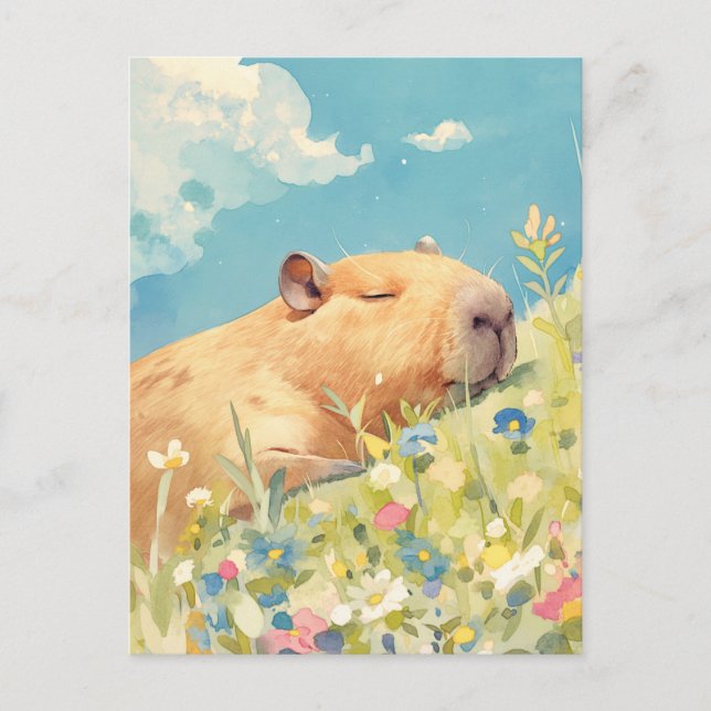 Napping Capybara in Colorful Wildflower Meadow Postcard (Front)