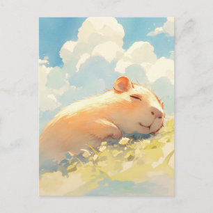 Napping Capybara in Sunny Green Meadow with Clouds Postcard