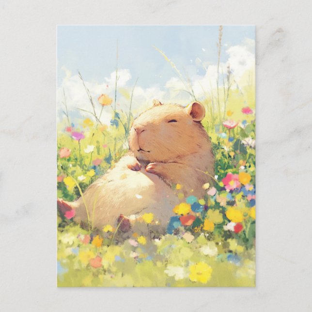 Napping Capybara in Wildflower Summer Meadow Postcard (Front)