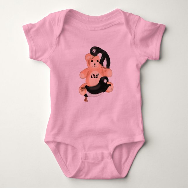 Napping Penguins on Bear Baby Bodysuit (Front)
