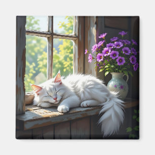 Napping White Cat and Purple Flowers Magnet