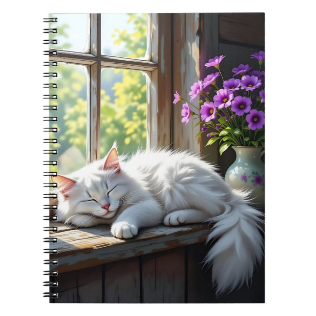 Napping White Cat and Purple Flowers  Notebook (Front)