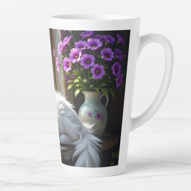Napping White Cat and Purple Flowers Personalised Latte Mug (Right)