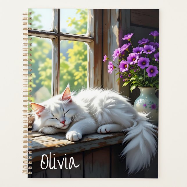 Napping White Cat and Purple Flowers Personalised Planner (Front)