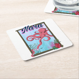 Nara Japan Squid travel poster Square Paper Coaster