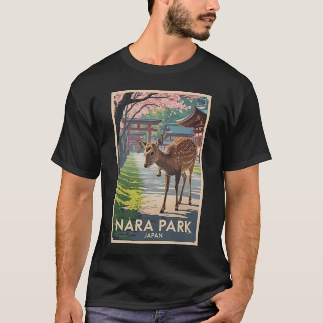 Nara Park Japan Deer Illustration Travel Art Retro T-Shirt (Front)