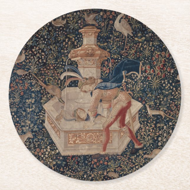 Narcissus at the Well, Mediaeval Tapestry Round Paper Coaster (Front)