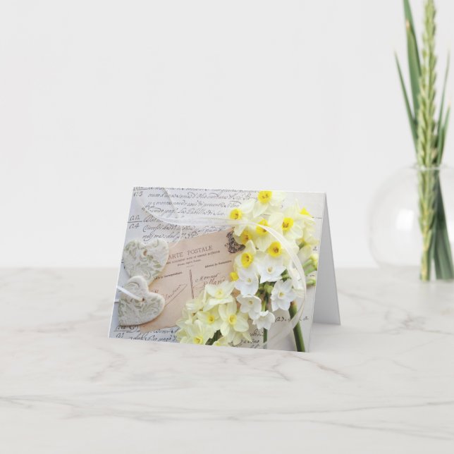 narcissus, hearts with script thank you note card (Front)